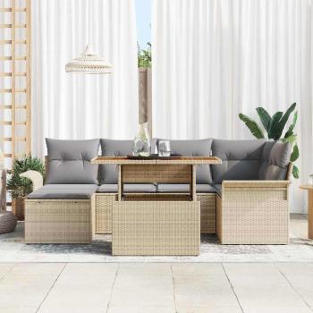 7-teiliges Garten Sofa Set mit Kissen Beige Poly Rattan