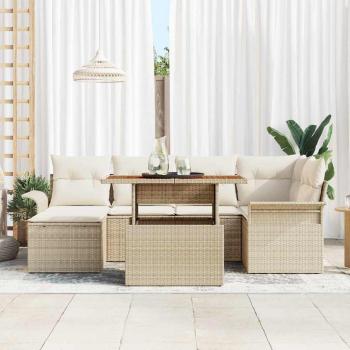 7-teiliges Garten-Sofa-Set mit Kissen Beige Poly Rattan