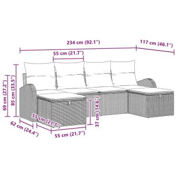 6-teiliges Garten-Sofa-Set mit Kissen, graues Poly-Rattan