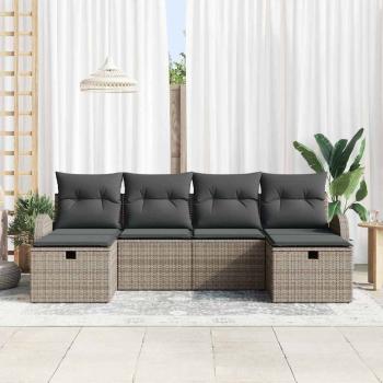 6-teiliges Garten-Sofa-Set mit Kissen, graues Poly-Rattan