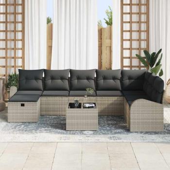 9-teiliges Garten Sofa Set mit Kissen Hellgrau Poly Rattan