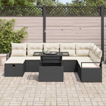 9-teiliges Garten-Sofa-Set mit Kissen in Schwarz Poly-Rattan