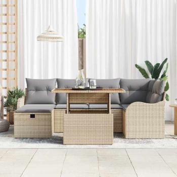 7-teiliges Garten-Sofa-Set mit Kissen Beige Poly-Rattan