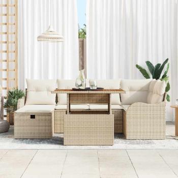 7-teiliges Garten Sofa Set mit Kissen Beige Poly Rattan