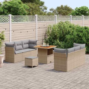 9-teiliges Garten Sofa Set mit Kissen Beige Poly Rattan Akazie