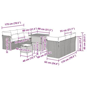 9-teiliges Garten Sofa Set mit Kissen Beige Poly Rattan Akazie