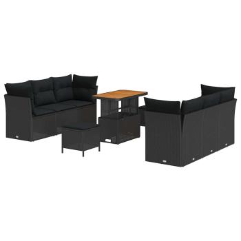 9-teiliges Garten Sofa Set mit Kissen Schwarz Poly Rattan Akazie