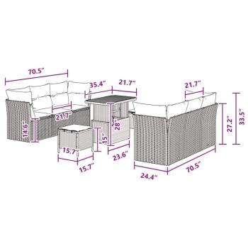 9-teiliges Garten Sofa Set mit Kissen Schwarz Poly Rattan Akazie