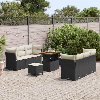 9-teiliges Garten Sofa Set mit Kissen Schwarz Poly-Rattan Akazie