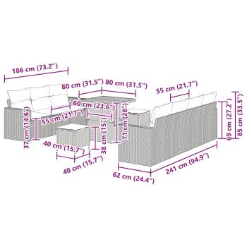 10-teiliges Garten Sofa Set mit Kissen Schwarz Poly Rattan Akazie