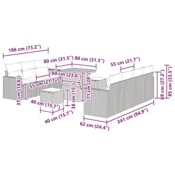 10-teiliges Gartensofa Set mit Kissen Grau Poly-Rattan Akazie