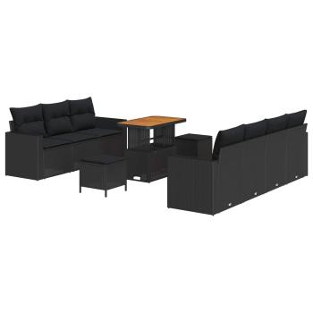 ARDEBO.de - 10-teiliges Garten Sofa Set mit Kissen Schwarz Poly Rattan Akazie