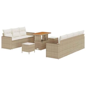 10 Stück Garten Sofa Set mit Kissen Beige Poly Rattan Akazie