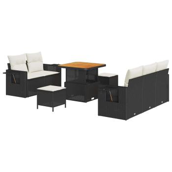 8-teiliges Garten Sofa Set mit Kissen Schwarz Poly Rattan Akazie
