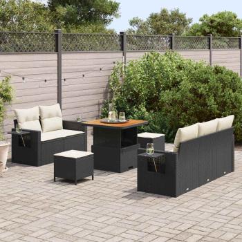 8-teiliges Garten Sofa Set mit Kissen Schwarz Poly Rattan Akazie