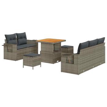 8-teiliges Garten Sofa Set mit Kissen Grau Poly Rattan Akazie