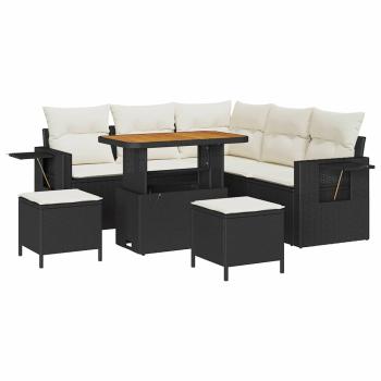 8-teiliges Garten Sofa Set mit Kissen Schwarz Poly Rattan Akazie