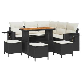 9-teiliges Garten Sofa Set mit Kissen Schwarz Poly Rattan Akazie