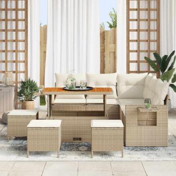 9-teiliges Garten Sofa Set mit Kissen Beige Poly Rattan Akazie