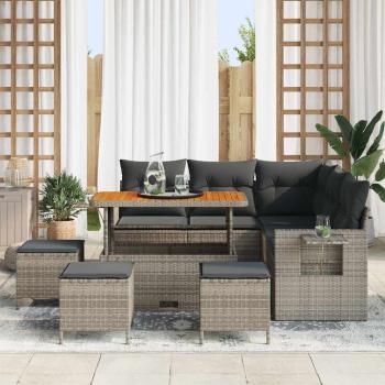 9-teiliges Garten Sofa Set mit Kissen Grau Poly Rattan Akazie