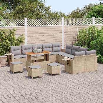 14-teilige Garten Sofa Set mit Kissen Beige Poly Rattan Akazie