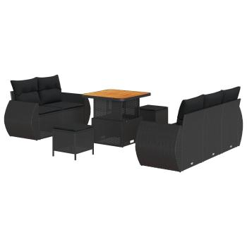 8-teiliges Garten Sofa Set mit Kissen Schwarz Poly Rattan Akazie