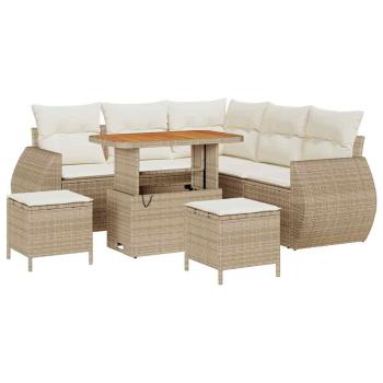 8-teiliges Garten Sofa Set mit Kissen Beige Poly Rattan Akazie