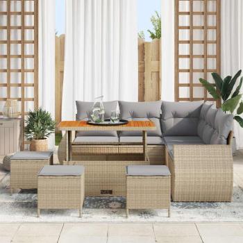 9-teiliges Garten Sofa Set mit Kissen Beige Poly Rattan Akazie