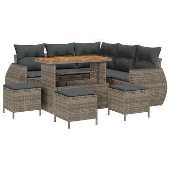 9-teiliges Garten-Sofa-Set mit Kissen Grau Poly Rattan Akazie
