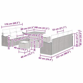 10-teiliges Garten Sofa Set mit Kissen Grau Poly-Rattan Akazie