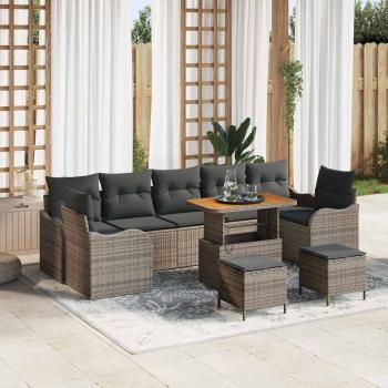 ARDEBO.de - 10-teiliges Garten Sofa Set mit Kissen Grau Poly Rattan Akazie