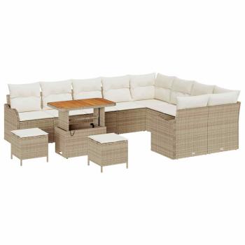 12-teiliges Garten Sofa Set mit Kissen Beige Poly Rattan Akazie
