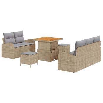 8-teiliges Garten Sofa Set mit Kissen Beige Poly Rattan Akazie