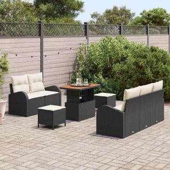 8-teiliges Garten Sofa Set mit Kissen Schwarz Poly Rattan Akazie
