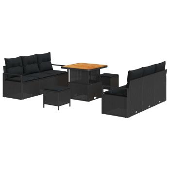 9-teiliges Garten Sofa Set mit Kissen schwarzes Poly Rattan Akazie