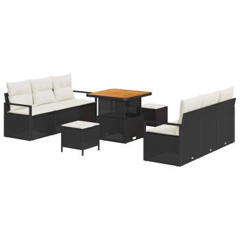 9-teiliges Garten-Sofa-Set mit Kissen Schwarz Poly Rattan Akazie