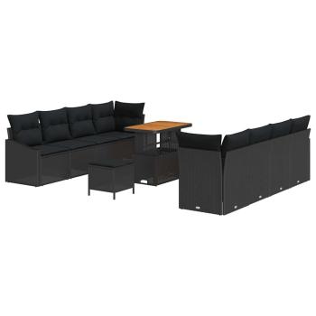 11-teiliges Garten-Sofa-Set mit Kissen Schwarz Poly Rattan Akazie