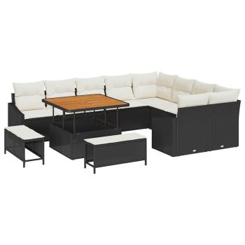 12-teilige Garten Sofa Set mit Kissen Schwarzes Poly-Rattan Akazie