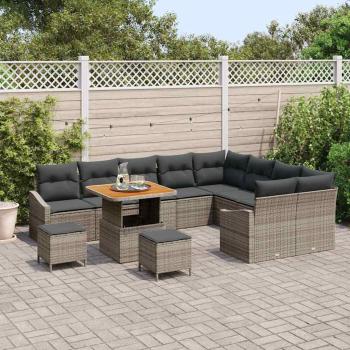 12-teiliges Garten-Sofa-Set mit Kissen Grau Poly-Rattan Akazie