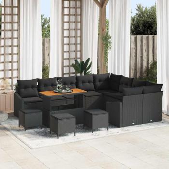 ARDEBO.de - 13-teilige Garten Sofa Set mit Kissen Schwarz Poly Rattan Akazie