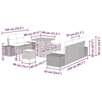 8-teiliges Garten Sofa Set mit Kissen Beige Poly Rattan Akazie