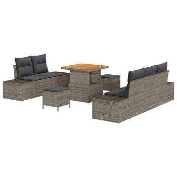 8-teiliges Garten Sofa Set mit Kissen Grau Poly Rattan Akazie