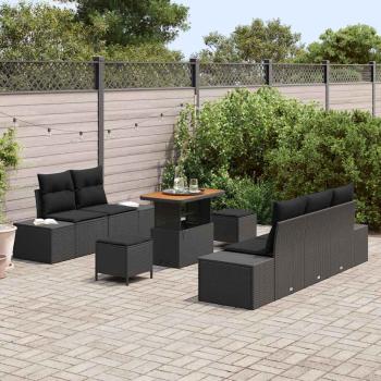 8-teiliges Garten-Sofa-Set mit Kissen Schwarz Poly Rattan Akazie