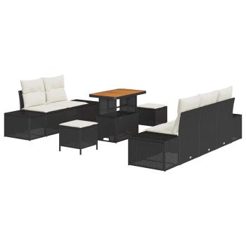 8-teiliges Garten Sofa Set mit Kissen Schwarz Poly Rattan Akazie
