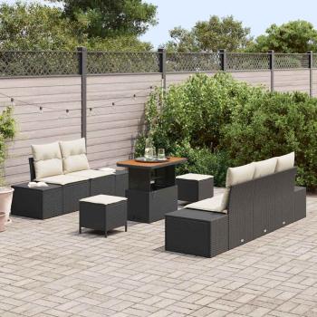 8-teiliges Garten Sofa Set mit Kissen Schwarz Poly Rattan Akazie