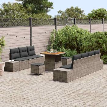 10-teiliges Garten-Sofa-Set mit Kissen Grau Poly-Rattan Akazie