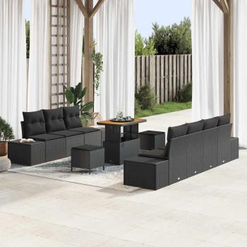 ARDEBO.de - 10-teiliges Garten Sofa Set mit Kissen Schwarz Poly Rattan Akazie