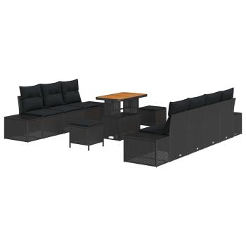 10-teiliges Garten Sofa Set mit Kissen Schwarz Poly Rattan Akazie