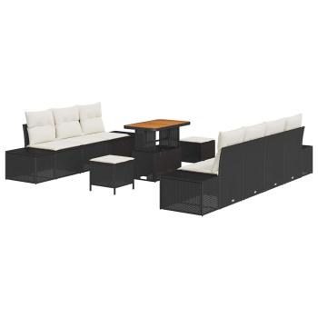 10-teiliges Garten Sofa Set mit Kissen schwarzes Poly Rattan Akazie