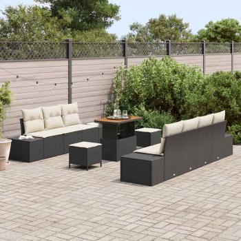 10-teiliges Garten Sofa Set mit Kissen schwarzes Poly Rattan Akazie